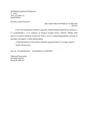 A Martonosi Népfelszabadító Bizottság helyzetjelentése Zentának (fordítás)